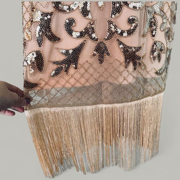 Unique Retro Flapper Dress L Sequin Beaded Showgirl Fringe 20s Gatsby Burlesque - Picture 3 of 12